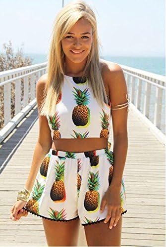 Women's 2-Piece Pineapple Pattern Halter Crop Tops Shorts (L)