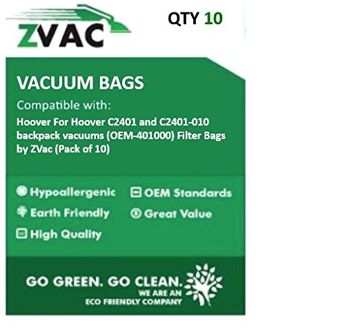 Hoover For Hoover C2401 and C2401-010 backpack vacuums (Similar to OEM-401000) Filter Bags by ZVac (Pack of 10)