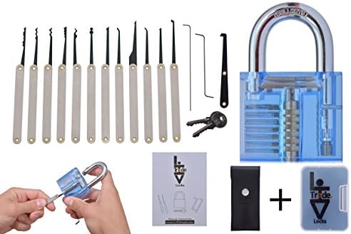 LHVtrade Locks 12-Piece Locksmith Practice Pick Tools with Blue Transparent Padlock - Inside View, for Beginners and Professionals, Include eBook and Manual Instructions!