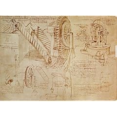 Keilrahmenbild (80 x 58, da Vinci) von "Facsimile of Codex Atlanticus f.386r Archimedes Screws and Water Wheels (original copy in the Biblio"