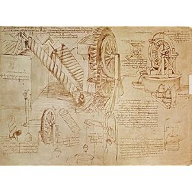 Reproduction imprim�e sur toile (90 x 68, de Vinci) de "Facsimile of Codex Atlanticus f.386r Archimedes Screws and Water Wheels (original copy in the Biblio", marge blanche de 5cm