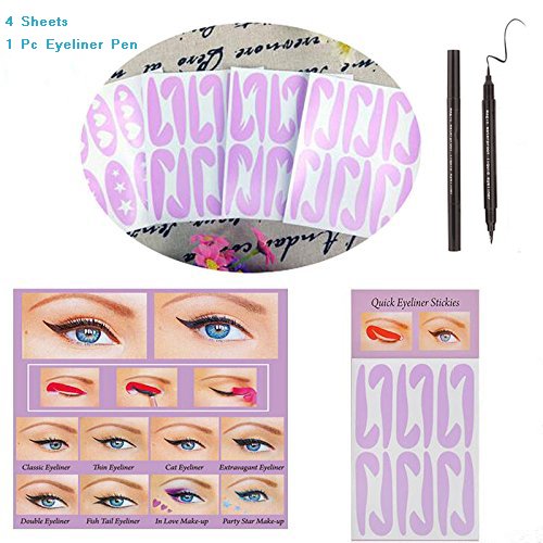 BTArtbox 4 Pcs 24 Pairs Different Style Adhesive Eyeliner Stencil Cat Eyeliner Stencil Lazy Tool,Star,Heart,Double-wind,ect,Finish Your Eye Makeup in Minute with 1 Pcs Dual-used Eyeliner Pen