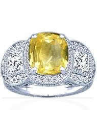 14K White Gold Cushion Cut Yellow Sapphire Ring With Sidestones