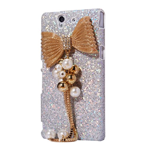 Mavis's Diary 3D Handmade Gold Bow Pandent Pearl Diamond Rhinestone Bling White Case Cover for Sony Xperia Z, Sony Xperia Z L36h with Soft Clean Cloth
