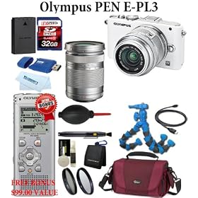 Olympus E-PL3 12.3 MP Digital Camera (White) kit with 14-42mm II Lens (Silver) + Olympus M.Zuiko Digital ED 40-150mm f/4.0-5.6 R Lens (Silver) + BONUS Olympus Voice Recorder WS-600S + LEXSpeed 32GB SDHC Memory Card + Extra PS-BLS1 Battery + Lowepro Deluxe Camera Bag + 2pc Multi-Coated Essential Filt