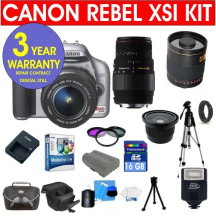Canon EOS Rebel XSI 450D 12.2 MP Digital Camera (Silver) with Canon EF-S 18-55mm IS Lens + Sigma 70-300mm Telephoto Zoom Lens + Rokinon 500mm F/8 Lens with 2x Converter (=1000mm) + .42x Wide Angle Lens with Macro + 16 GB Memory Card + Multi-Coated 3 Piece Filter Kit + Digital Slave Flash + Corel MediaOne Plus Software + 11 Piece Accessory Kit + Deluxe Camera Case + 3 Year Warranty Repair Contract