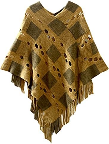 Herrew Women's Chic Plaid Hollow Out Tasseled Poncho (Khaki,O)