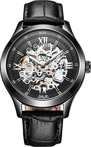 BOS Men s Automatic Mechanical Luminous Pointer Skeleton Watch Black Dial Calfskin Band 9008