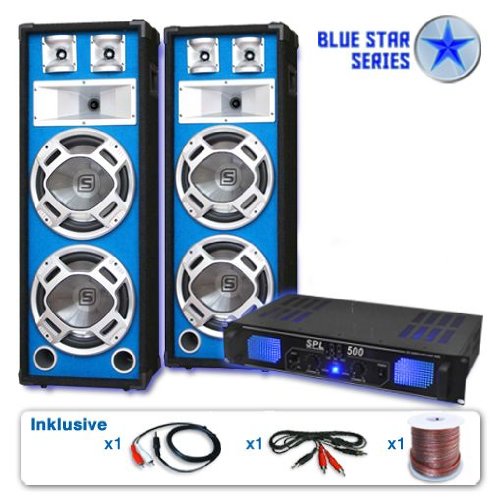 Blue Star Series PA Komplett-Set “Bassveteran” (2x Profi PA Boxen, 1600W Endstufe, Kabelset, LED-Effekt)