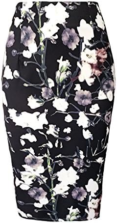 Women High Waist Back Split Flower Printed Knee Length Fitted Pencil Skirt (Small, Black)
