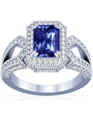 14K White Gold Emerald Cut Blue Sapphire Ring With Sidestones
