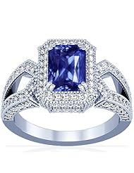 18K White Gold Emerald Cut Blue Sapphire Ring With Sidestones