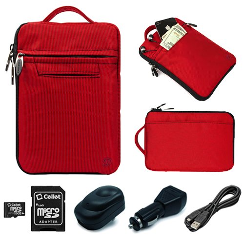 SumacLife Red Compact Premium Protective Nylon Sleeve Carrying Case with Handle for Amazon Kindle 3 3G Wifi 6 inch (Latest Generation) e-book Reader/ Amazon Kindle 1 and 2 + Black USB Car Charger + Black USB Wall / Home Charger + Black Micro USB Data Cable Cord + 16GB Micro SD Memory Card with SD Adapter