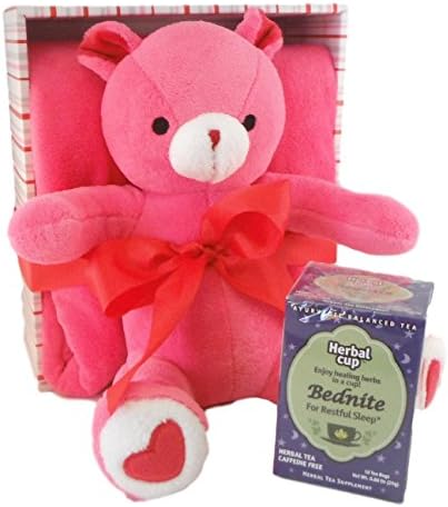 Take Care Sick Day Teddy Bear Blanket Bundle - Two items: Pink Bear and Plush Blanket with Herbal Ayurvedic Tea (Bednite )