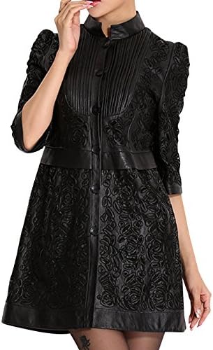 OYDIAN Women's Midi Long Solid Corset Slim Prints Leather Coat Dress Black L