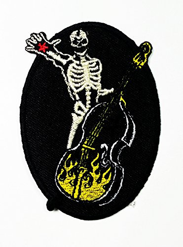 Electric Violin Cello Musical Skull Ghost Old School Skool Rockabilly Punk Rocks N Roll Rider Biker Jacket T-shirt Suit Patch Iron on Embroidered Applique Sign Badge Costume Free Shipping to World Wide. New with High Quality for Your Cloth By Jupeter