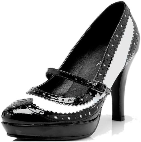 414-FLAPPER 4" Heel Wingtip Mary-Jane Black/White Size 7