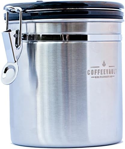 Coffee Vault: Airtight Coffee Canister that Vents Harmful Carbon Dioxide, Keeping Your Whole Beans or Ground Coffee Fresh (Large, Silver)