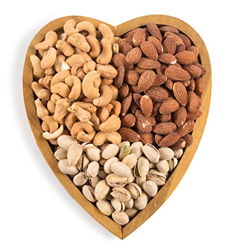 Gourmet Gift Tray with Mixed Nuts Platter, Featuring Roasted and Salted Almonds, Pistachios, & Cashews in a Heart-Shaped Wooden Tray, By Benevelo Gifts