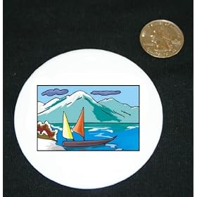 3″ button / pin printed with stream, boats, europe, mountains, valley, season, winters, switzerland, sailing, river