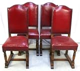Vintage French Renaissance Carved Oak Set 4 Red Chairs