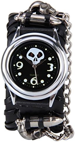 Punk Gothic Red Eye Skull W/bullet Chain Black Genuine Leather Unisex Belt Punk Watch