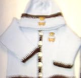 Knitted on Hand Knitting Machine Blue Cotton Hand Crochet Finished with Dark Brown Chenille Infant Boys Cardigan Hat Set Trimmed with Teddy Bear Patch