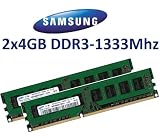8GB Dual Channel Kit SAMSUNG Original 2 x 4 GB 240 pin DDR3-1333 (1333Mhz, PC3-10600, CL9) Nicht-ECC , unbuffered (2x M378B5273BH1-CH9) für DDR3 + i3 + i5 + i7 Mainboards