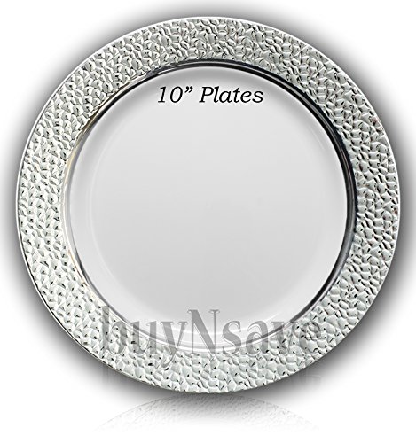 buyNsave White with Silver Heavyweight Plastic Elegant Disposable Plates, Wedding Party Elegant Dinnerware, Hammered Collection (40, 10.25" Dinner Plates)