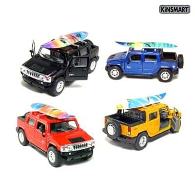 Set of 4: 5" 2005 Hummer H2 SUT with Surf Board 1:40 Scale (Black/Blue/Red/Yellow)