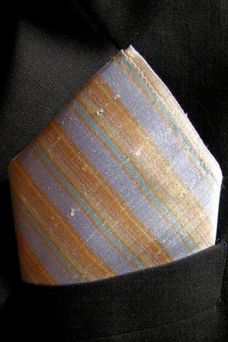 Beige Blue Stripes Silk Pocket Square, 100% Silk Dupioni - by Royal Silk