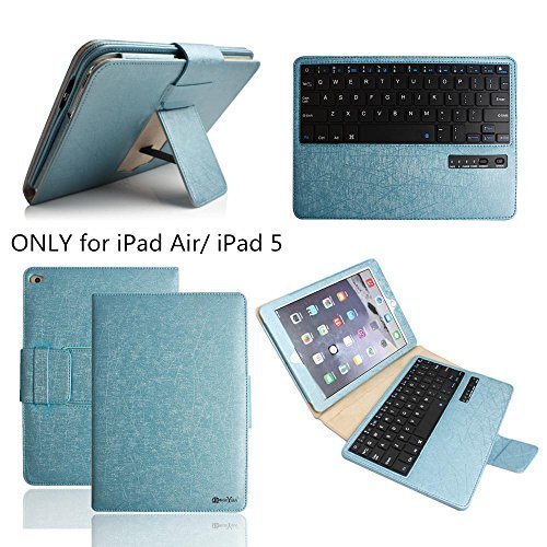 Case w/ Keyboard for iPad Air, BoriYuan Detachable Removable Bluetooth Wireless Keyboard Folio Flip Case PU Leather Protective Stand Cover For Apple iPad Air +Screen Protector+Stylus (Blue)