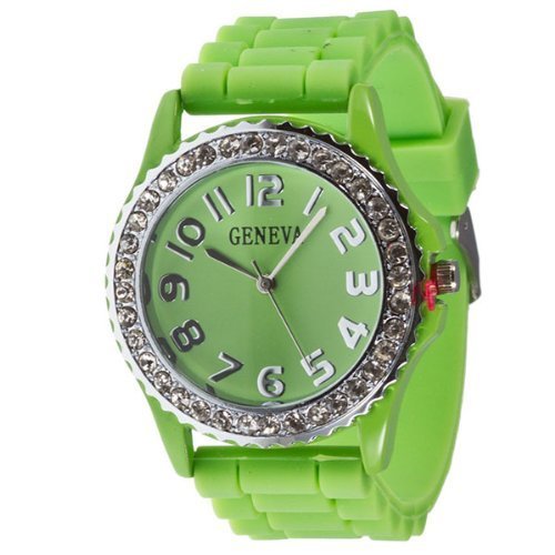 Mens & Womens Lime Green Silicone Crystal Large Face Watch Geneva Watches