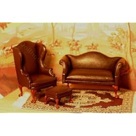 Miniature Brown Leather English Traditional Sofa Set