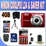 Nikon COOLPIX L24 14 MP Digital Camera with 3.6x NIKKOR Optical Zoom Lens and 3-Inch LCD (Red) W/4GB SDHC Memory + Set of Rechargeable Batteries + Ac/Dc Charger + USB Card Reader + Memory Card Wallet + Shock Proof Case w/Strap + Accessory Saver Bundle!