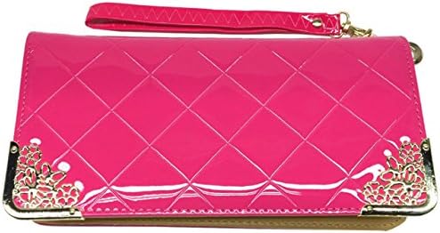 [KIREI obsession] Women's, Long Wallet with Smartphone Storage, Diamond Cross Pattern, Patent Leather (PU), Round Zip, Strap, Purse, Clutch, Wristlet [DEEP PINK]
