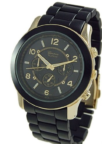 Geneva Platinum 9158 Women's Decorative Chronograph-style Matte Finish Link Watch -BLK/GOLD
