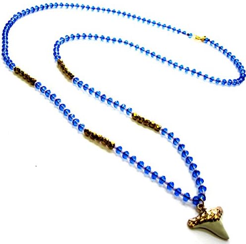 Shark Tooth Pendant with Dark Blue Crystal Necklace. 30 Inch.