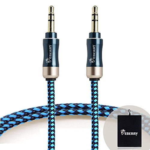 eBerry® [A04 3.5mm Male to Male Audio Cable] Special Color Contrast High Quality Nylon Fiber Cloth Foil Shielded Slim Waist Connector Shell Audio Aux Cable Car and Home Auxiliary Stereo Jack Cable Cord (4.6ft/1.4m) + Black Microfiber Storage Pouch C