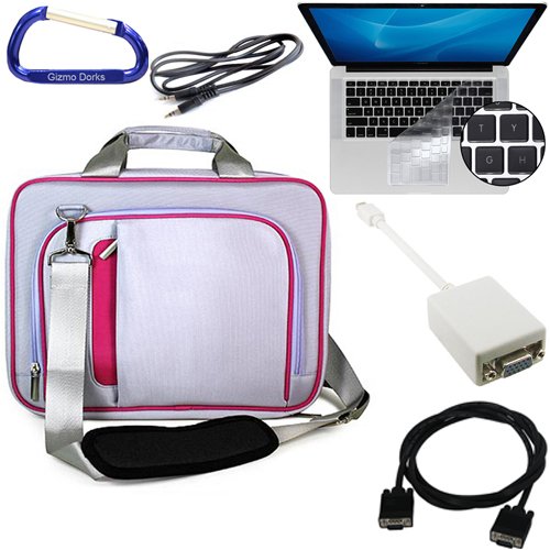 Purple / Pink Apple MacBook Pro 15.4 Inch Laptop Shoulder Strap Carrying Case Bag, Keyboard Silicone Skin Cover, Mini DisplayPort Male to VGA Female Adapter, VGA Male to Male 6 Feet Extension Cable, 3.5mm to 3.5mm Auxilliary Stereo Cable, and a Free Carabiner Key Chain
