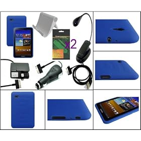 iShoppingdeals - Lot Item Bundle Accessories for Samsung Galaxy Tab 7.0 Plus 16GB 32GB WiFi: Blue Soft Skin Case + Car Home/Wall Charger + USB Data Cable + Clip-On Readking Light + Multi Angle View Stand + Anti-Glare Screen Protector