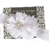 Baby Christening Baptism Headband - Handcrafted in the USA (Regular 3m-Toddler, White Lace Pearls)