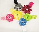 6 Assorted 3-in-1 Large Flower Hair Clip Bows with Soft Stretch Crochet Child Headbands fits Infant Baby to Toddlers to Youth Girls - Mix of Gerber Daisy Lily & Peony