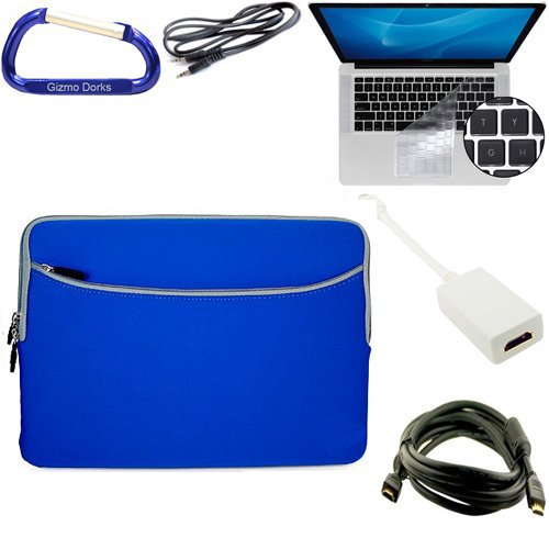 Bundle Set: Blue Apple MacBook Pro / MacBook Air 13.3 Inch Laptop Carrying Sleeve Zipper Case, Keyboard Silicone Skin Cover, Mini DisplayPort Male to HDMI Female Adapter, HDMI Male to Male 6 Feet Extension Cable, 3.5mm to 3.5mm Auxilliary Stereo Cable, and a Free Carabiner Key Chain