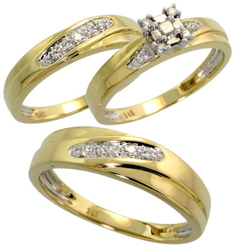 14k Yellow Gold Trio 3-Piece His (6mm) & Hers (4mm; 6mm) Wedding Band Set, w/ 0.27 Carat Baguette, Brilliant Cut & Invisible Set Diamonds; (Men's Size 9 to 12; Ladies' Size 6 to 8)