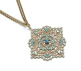 Antiqued Gold Square Filigree Necklace With Solitaire and Multi-Colored Crystals