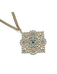 Antiqued Gold Square Filigree Necklace With Solitaire and Multi-Colored Crystals
