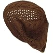 New Cotton Crochet Vented Knit Slouchy Beret Tam Hat Brown