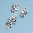 Sterling Silver Pendant and Earrings Set - Complex Triangle Design in Black and Clear CZ