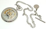 Silver coloured solid brass mechanical skeleton pocket watch with sun and moon and dual time zone features